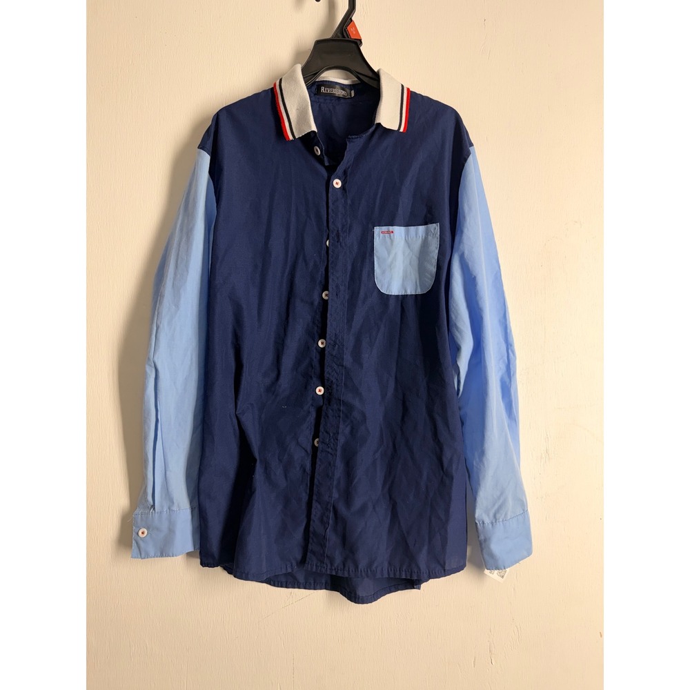 Reverie Uomo Mens XXL Colorblock Button Down Shirt Navy Blue Striped Knit Collar